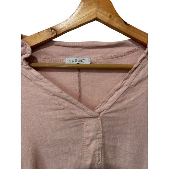 Saga Blush Pink 100% linen Italy Asymmetrical V-Neck Adjustable Cuff Blouse Size - Picture 4 of 16